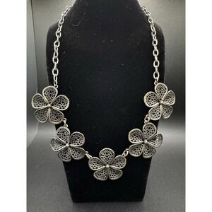 Silver Toned Chain Bronze Gold Metal Flowers Lacey Medallion Statement Necklace